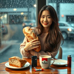 A beautiful Korean woman posing gracefully while sitting, facing the camera with a soft smile, holding a loaf of bread