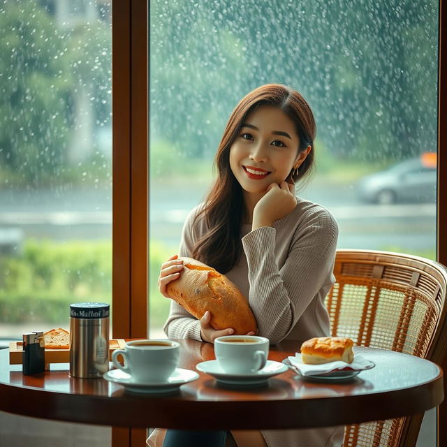 A beautiful Korean woman posing gracefully while sitting, facing the camera with a soft smile, holding a loaf of bread