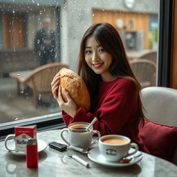 A beautiful Korean woman posing gracefully while sitting, facing the camera with a soft smile, holding a loaf of bread
