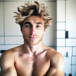 An image that focuses on the chest of a man in his twenties with light chest hair and white to tan skin, resembling a selfie