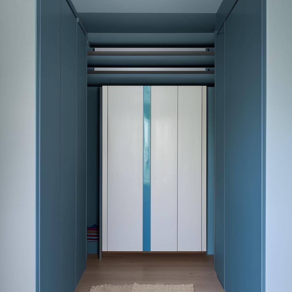 Transform the sea-blue wardrobe by adding a prominent white strip in the middle. Retain the L-shaped loft, giving a stylish yet utilitarian appeal.