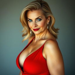 A stunning 50-year-old woman, confidently facing the camera with a provocative expression