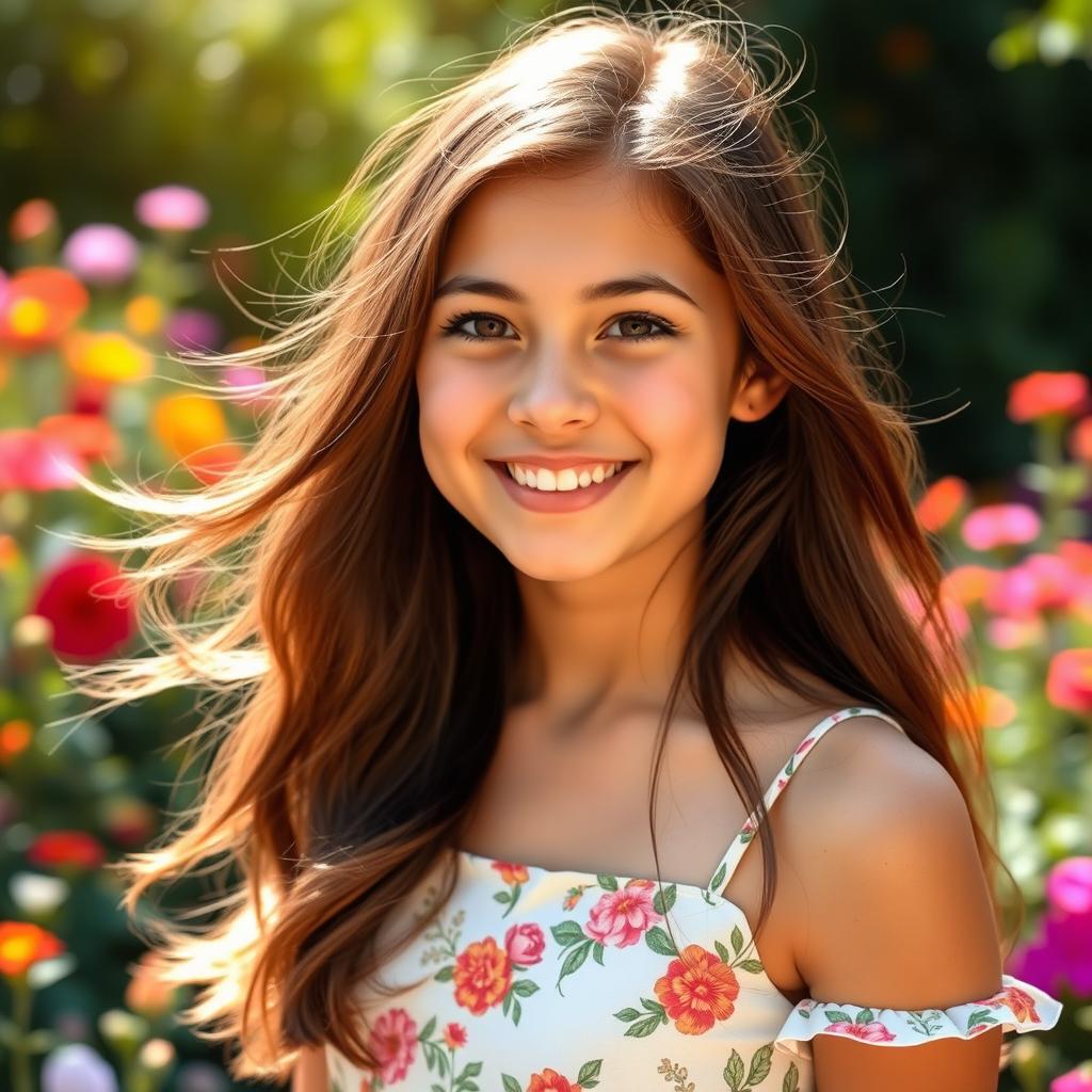 A beautiful 18-year-old brunette girl, with long flowing hair, wearing a chic summer dress adorned with floral patterns