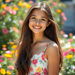 A beautiful 18-year-old brunette girl, with long flowing hair, wearing a chic summer dress adorned with floral patterns