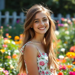 A beautiful 18-year-old brunette girl, with long flowing hair, wearing a chic summer dress adorned with floral patterns