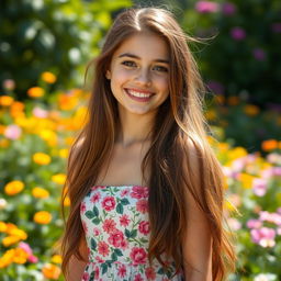 A beautiful 18-year-old brunette girl, with long flowing hair, wearing a chic summer dress adorned with floral patterns