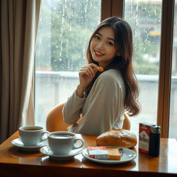 A beautiful Korean woman posing elegantly while sitting and facing the camera with a gentle smile, holding a piece of bread