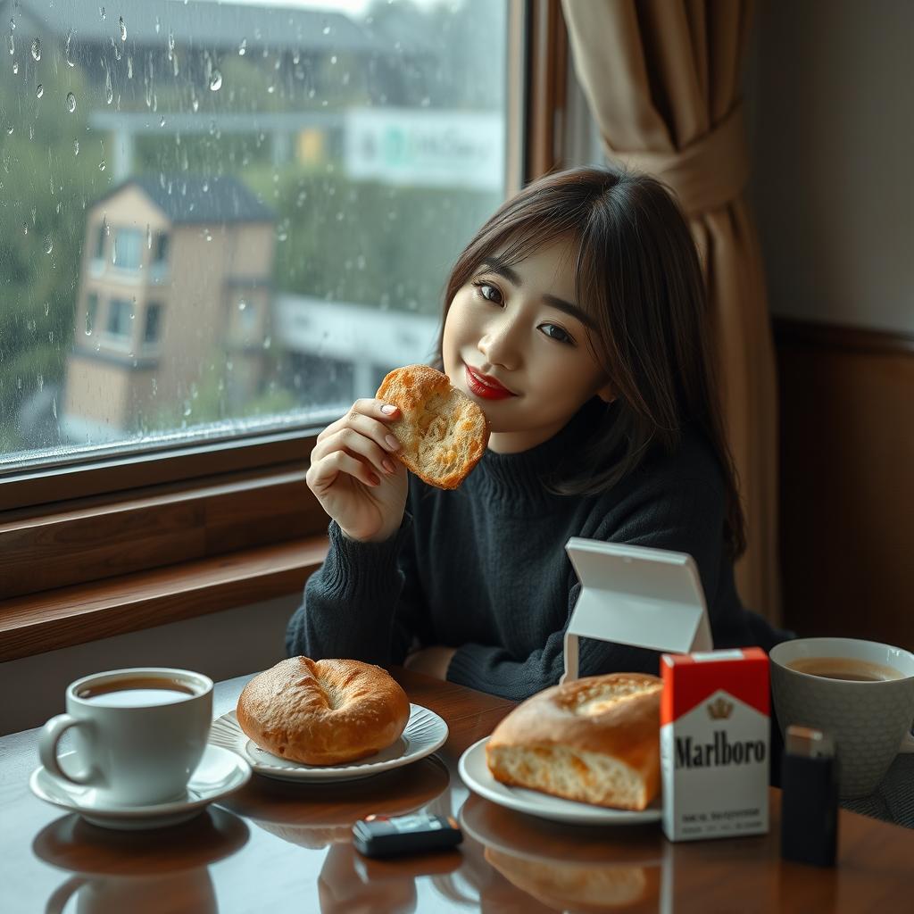 A beautiful Korean woman posing elegantly while sitting and facing the camera with a gentle smile, holding a piece of bread