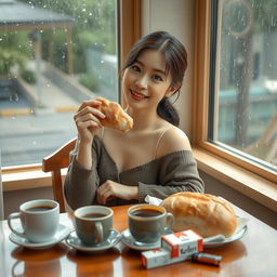 A beautiful Korean woman posing elegantly while sitting and facing the camera with a gentle smile, holding a piece of bread