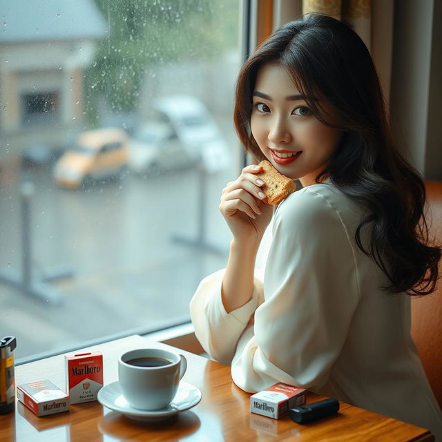 A beautiful Korean woman posing elegantly while sitting and facing the camera with a gentle smile, holding a piece of bread