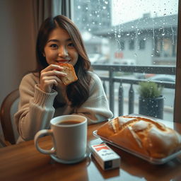A beautiful Korean woman striking a charming pose while sitting and facing the camera with a soft smile, holding a piece of bread