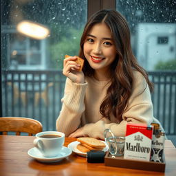 A beautiful Korean woman striking a charming pose while sitting and facing the camera with a soft smile, holding a piece of bread