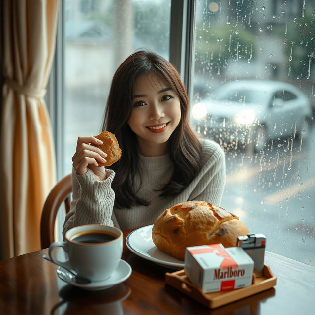 A beautiful Korean woman striking a charming pose while sitting and facing the camera with a soft smile, holding a piece of bread