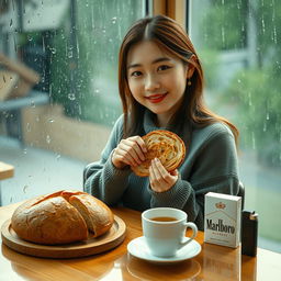 A beautiful Korean woman striking a charming pose while sitting and facing the camera with a soft smile, holding a piece of bread