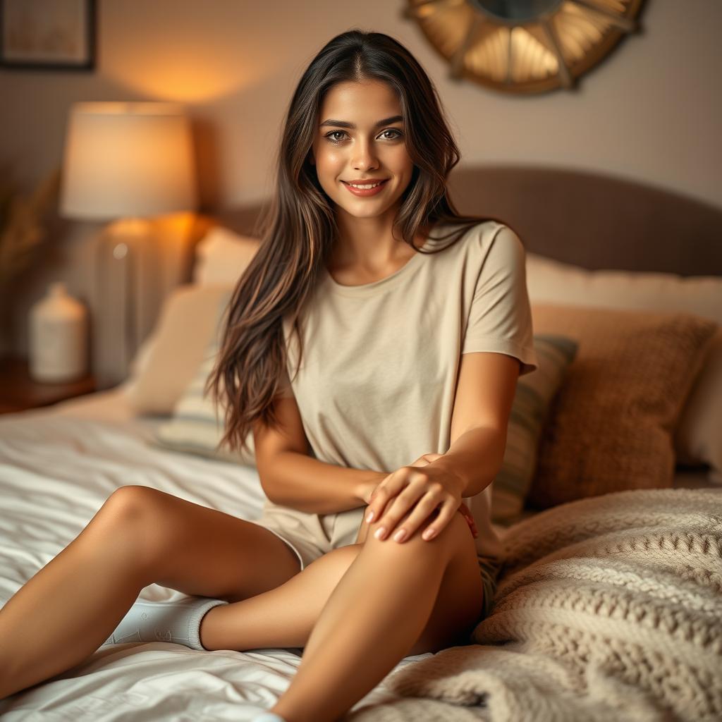 A beautiful 18-year-old brunette girl sitting gracefully on a bed