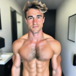 A high-quality image styled like a selfie, focusing on the chest of a man in his twenties with a hint of chest hair and white to tan skin