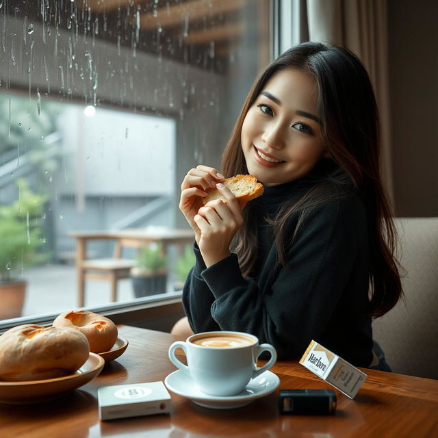 A beautiful Korean woman posing gracefully and attractively while sitting facing the camera, smiling softly as she holds a piece of bread