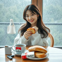 A beautiful Korean woman posing gracefully and attractively while sitting facing the camera, smiling softly as she holds a piece of bread