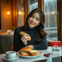 A beautiful Korean woman posing gracefully and attractively while sitting facing the camera, smiling softly as she holds a piece of bread