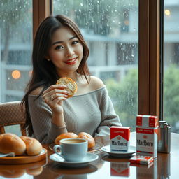 A beautiful Korean woman posing gracefully and attractively while sitting facing the camera, smiling softly as she holds a piece of bread