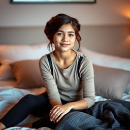 A beautiful 18-year-old brunette girl with long hair styled in an elegant updo, sitting gracefully on a bed