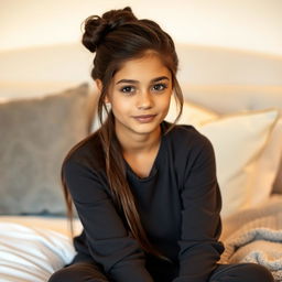 A beautiful 18-year-old brunette girl with long hair styled in an elegant updo, sitting gracefully on a bed