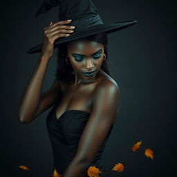A stunning black woman with an emerald green face, elegantly dressed in a sleek black dress, gazing downward as she gently places a traditional witch's hat atop her head