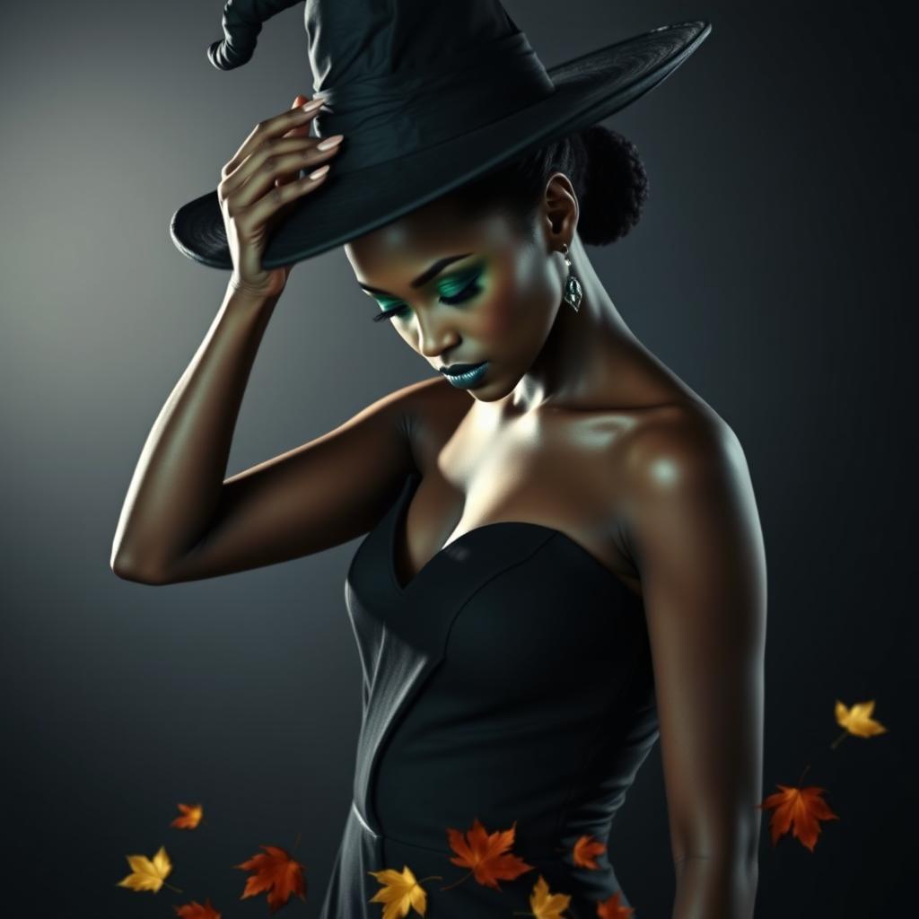 A stunning black woman with an emerald green face, elegantly dressed in a sleek black dress, gazing downward as she gently places a traditional witch's hat atop her head