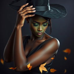 A stunning black woman with an emerald green face, elegantly dressed in a sleek black dress, gazing downward as she gently places a traditional witch's hat atop her head