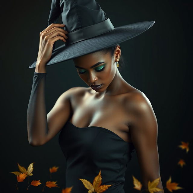 A stunning black woman with an emerald green face, elegantly dressed in a sleek black dress, gazing downward as she gently places a traditional witch's hat atop her head