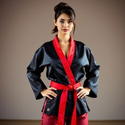 A beautiful woman with dark brown hair styled in a short ponytail, wearing a black silk satin karate gi and red satin pants