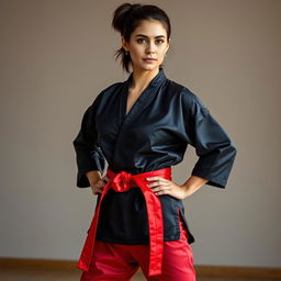 A beautiful woman with dark brown hair styled in a short ponytail, wearing a black silk satin karate gi and red satin pants