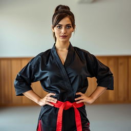 A beautiful woman with dark brown hair styled in a short ponytail, wearing a black silk satin karate gi and red satin pants