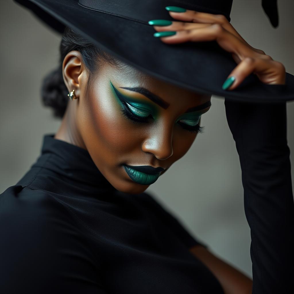 A close-up of a striking black woman with an emerald green face, dressed in a form-fitting black dress