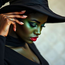 A close-up of a striking black woman with an emerald green face, dressed in a form-fitting black dress