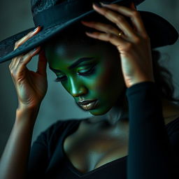 A close-up of a striking black woman with an emerald green face, dressed in a form-fitting black dress