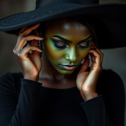 A close-up of a striking black woman with an emerald green face, dressed in a form-fitting black dress