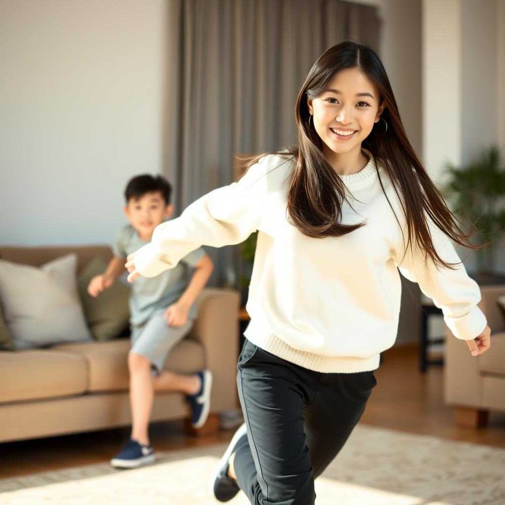 In a cozy living room, an 18-year-old Asian girl with a beautiful face is playfully chasing her 15-year-old younger brother