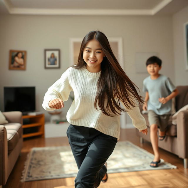 In a cozy living room, an 18-year-old Asian girl with a beautiful face is playfully chasing her 15-year-old younger brother