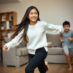 In a cozy living room, an 18-year-old Asian girl with a beautiful face is playfully chasing her 15-year-old younger brother