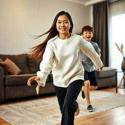 In a cozy living room, an 18-year-old Asian girl with a beautiful face is playfully chasing her 15-year-old younger brother