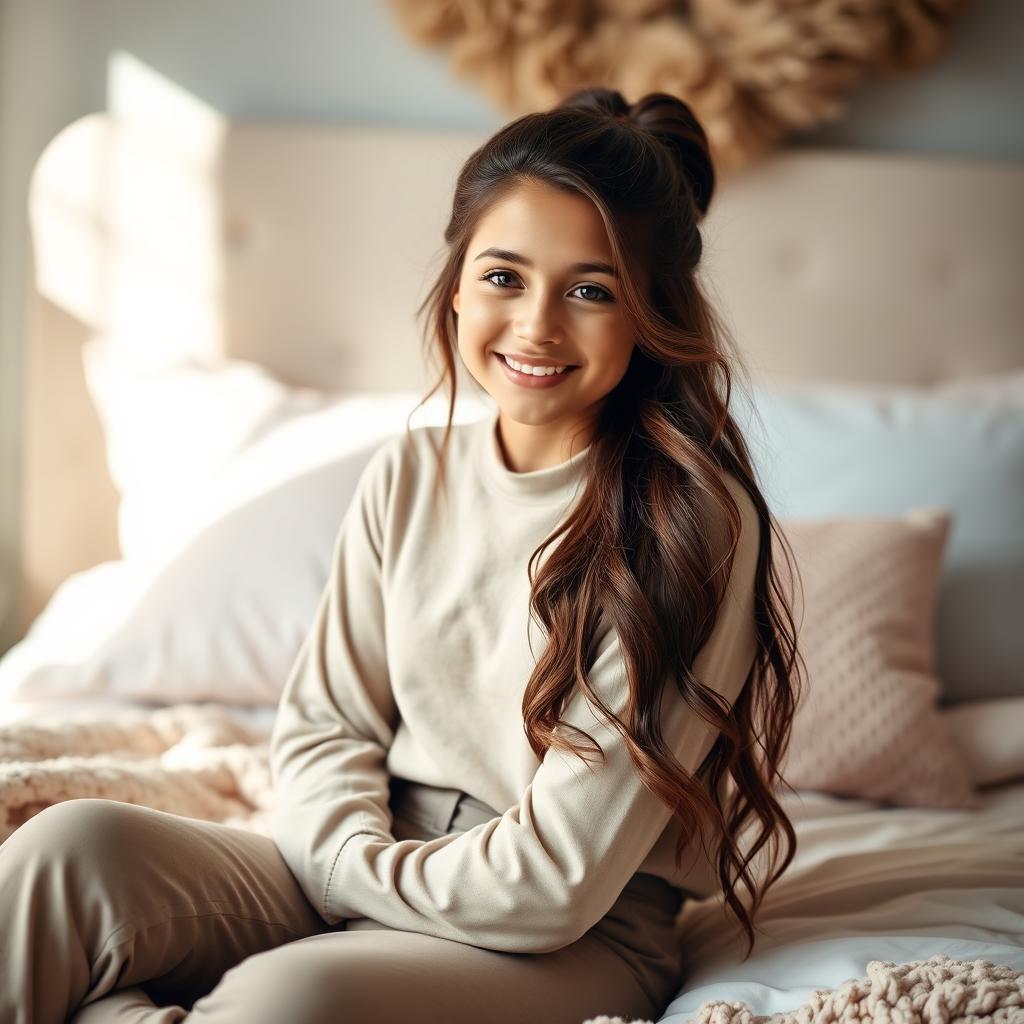 A beautiful 18-year-old brunette girl with long hair styled in an elegant updo, sitting on a bed and smiling warmly