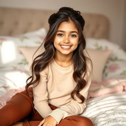 A beautiful 18-year-old brunette girl with long hair styled in an elegant updo, sitting on a bed and smiling warmly
