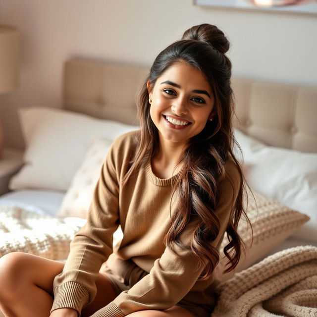 A beautiful 18-year-old brunette girl with long hair styled in an elegant updo, sitting on a bed and smiling warmly