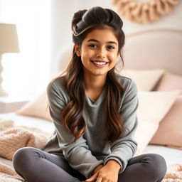 A beautiful 18-year-old brunette girl with long hair styled in an elegant updo, sitting on a bed and smiling warmly