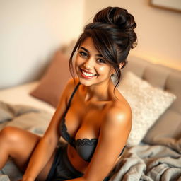 A beautiful 18-year-old brunette girl with long hair styled in an elegant updo, sitting on a bed in a stylish bra, smiling warmly