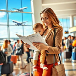 A woman standing in an airport terminal, holding a flight manifest, looking attentively at it while surrounded by a bustling crowd