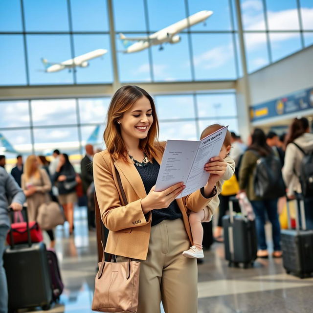 A woman standing in an airport terminal, holding a flight manifest, looking attentively at it while surrounded by a bustling crowd