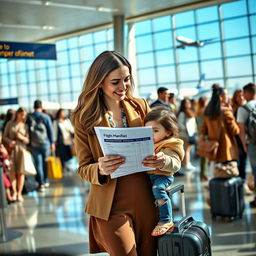 A woman standing in an airport terminal, holding a flight manifest, looking attentively at it while surrounded by a bustling crowd