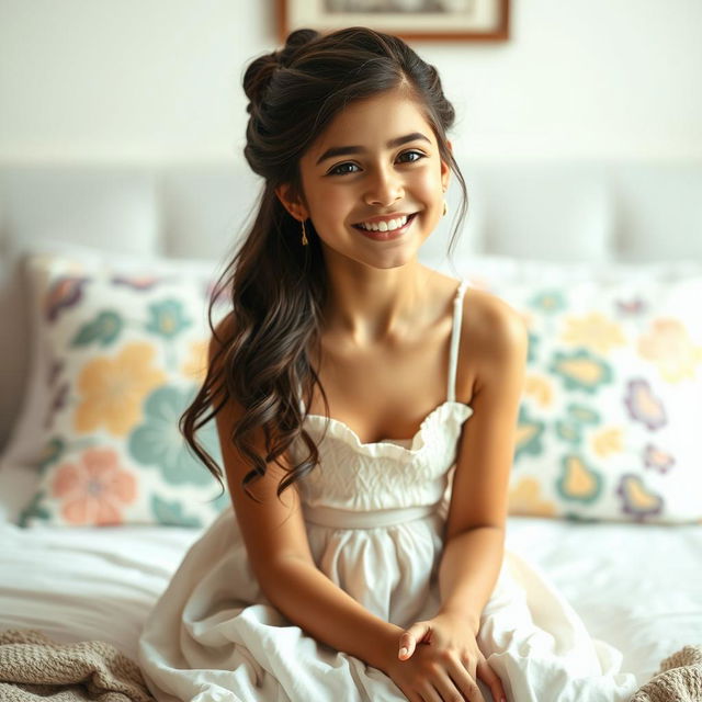 A beautiful 18-year-old brunette girl with long hair styled in an elegant updo, sitting on a bed wearing a lovely dress, smiling warmly at the viewer